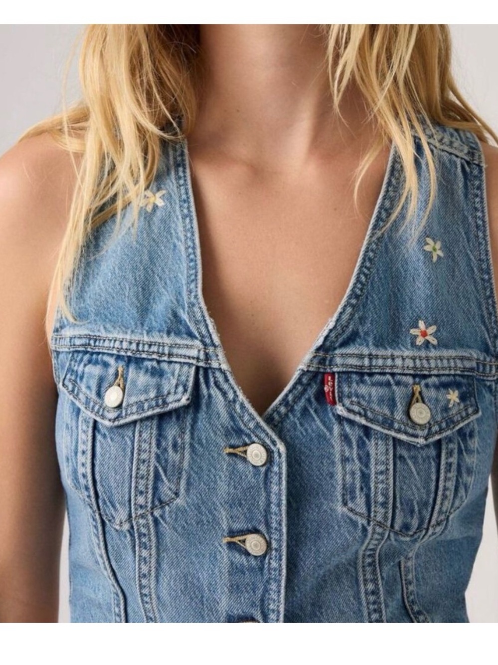 Levi's Light Blue Denim Sleeveless Embroidered Crop Vest